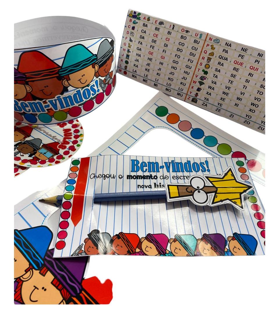 Kit volta às aulas com crachá de mesa, moldura, lembrancinha e muito mais!