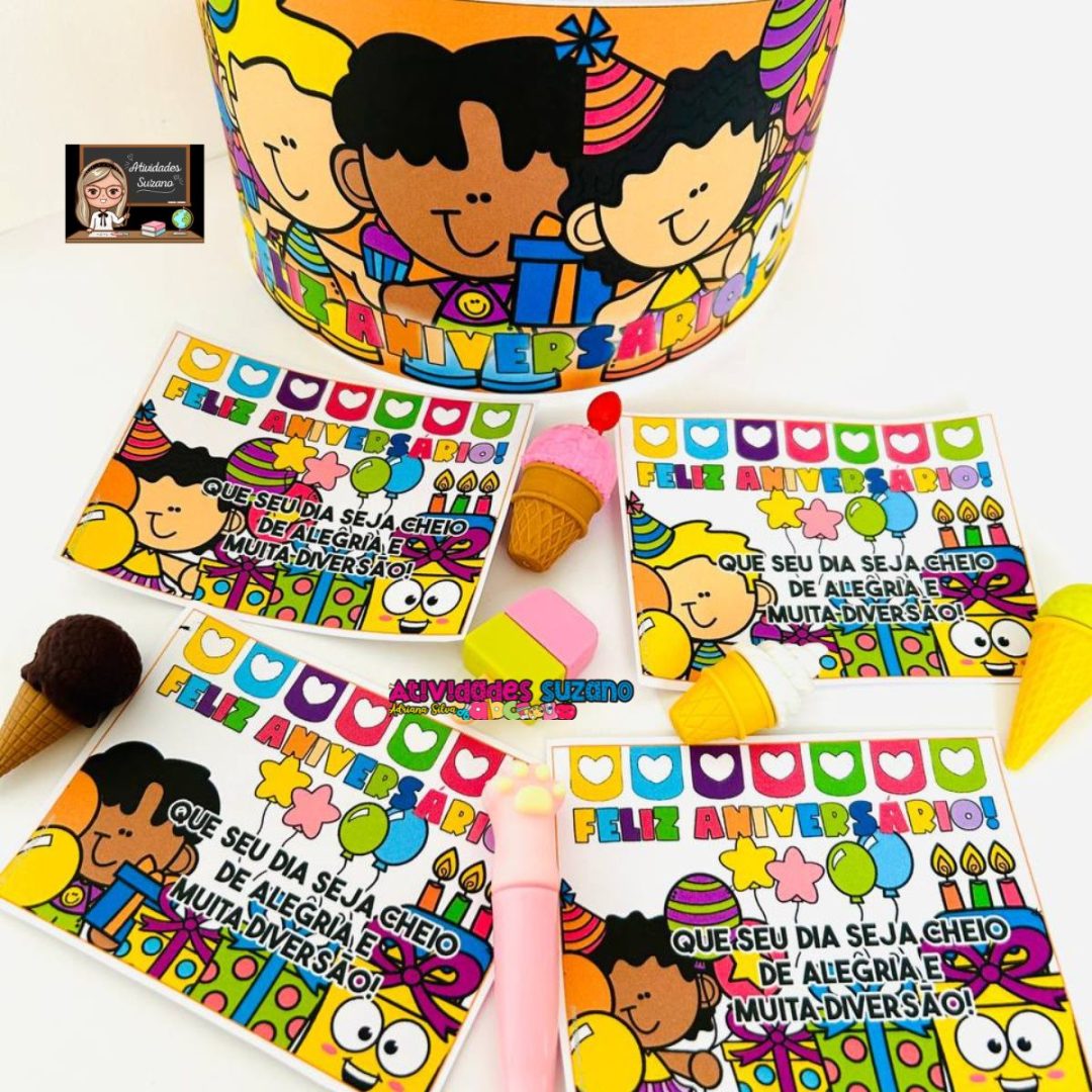 PDF para Aniversários na Escola: 4 Cartões Coloridos + Coroa "Feliz Aniversário"