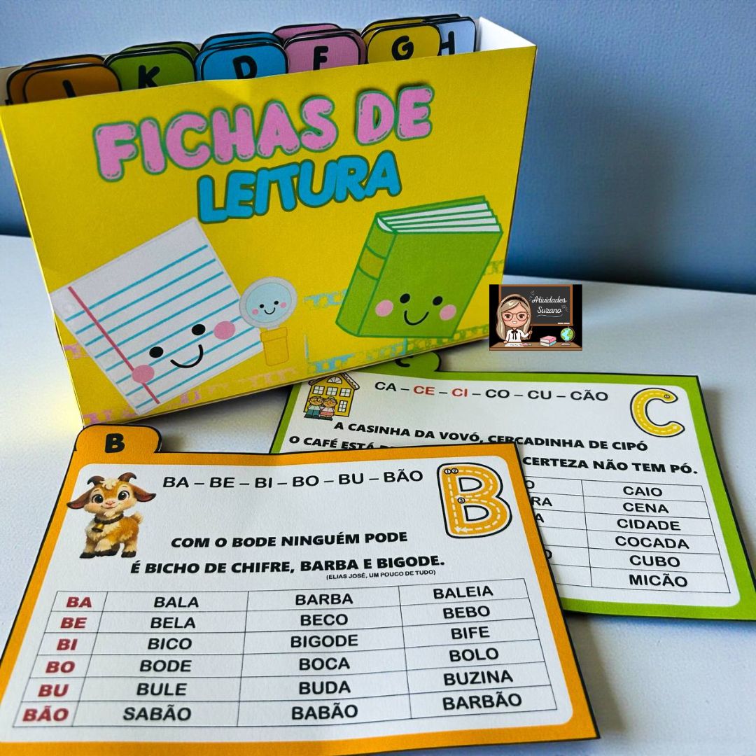 Caixinha de fichas de leitura colorida com fichas alfabéticas para crianças em fase de alfabetização.