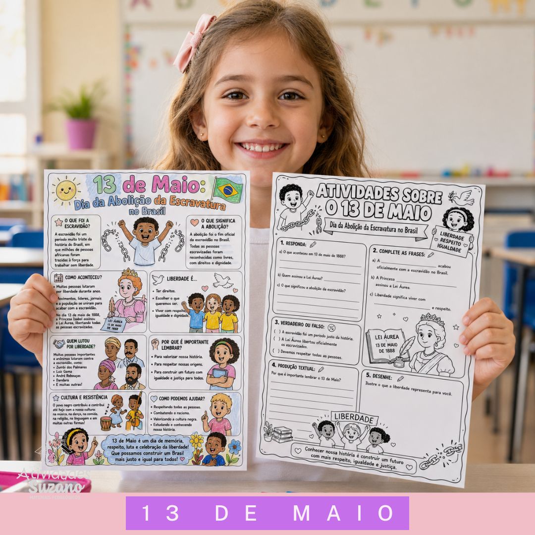 13 de Maio – Dia da Abolição da Escravatura no Brasil | Cartaz Educativo + Atividade Pedagógica para Colorir