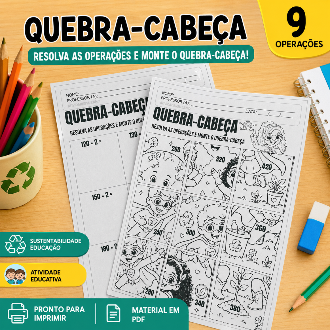 Quebra-Cabeça de Multiplicação - Tema Meio Ambiente | Heróis da Natureza