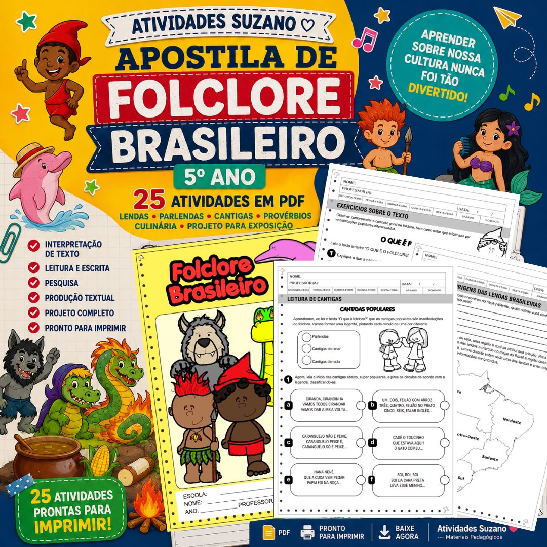 Apostila Projeto Folclore 5º Ano Completo – Atividades Lúdicas, Lendas, Parlendas e Culinária – PDF Imprimível