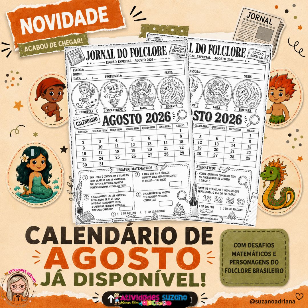 Calendário Interativo do Folclore Brasileiro – Agosto 2026 (Kit com 4 Modelos) – PDF Digital