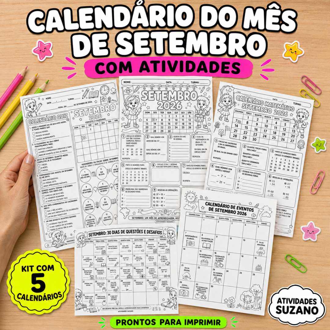 Calendário Setembro 2026 para Imprimir PDF - Datas Comemorativas + Atividades Dia da Independência e Dia da Árvore [BNCC]