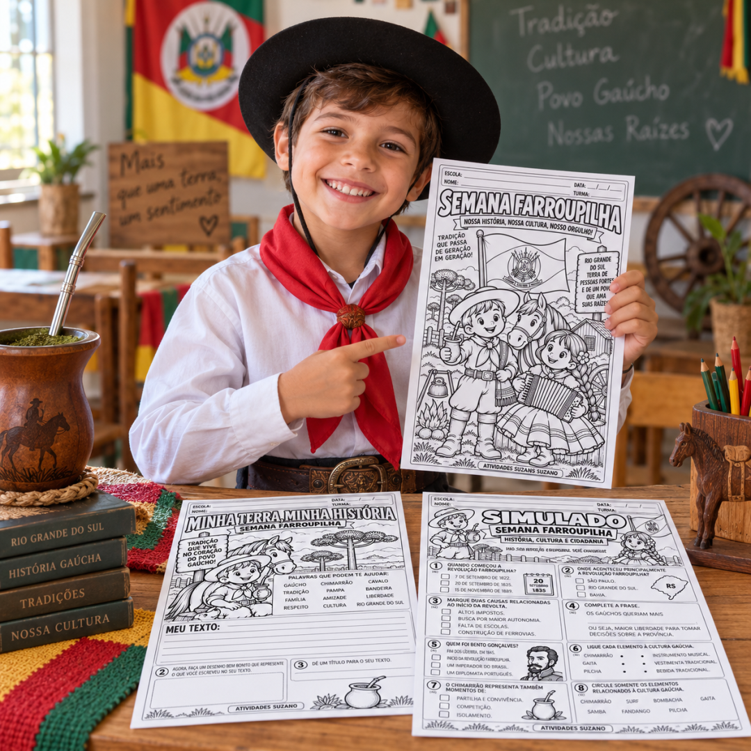 Criança com traje gaúcho apresentando atividades da Semana Farroupilha sobre a mesa.