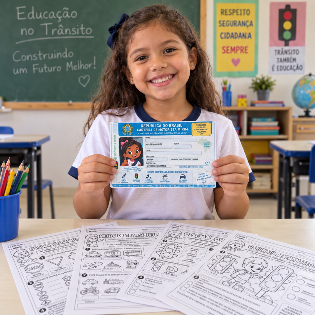 Criança segurando carteira de motorista mirim com atividades educativas de trânsito sobre a mesa.