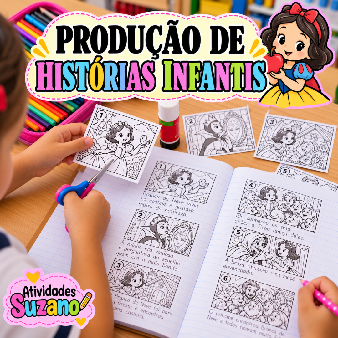 Capa do PDF Produção de Texto com Histórias Infantis, sequências de imagens para colorir do Atividades Suzano