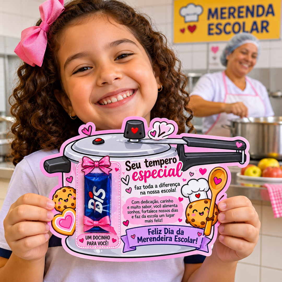 Lembrancinha Dia da Merendeira Escolar Cartão com Porta Bombom Bis