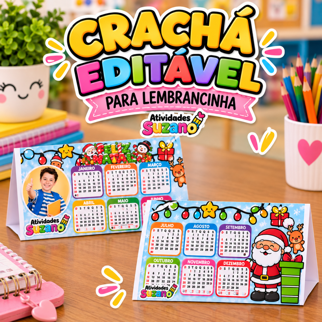 Calendário 2027 de mesa com foto da criança, tema natalino colorido com Papai Noel, boneco de neve e rena, lembrancinha de Natal escolar para imprimir e montar.
