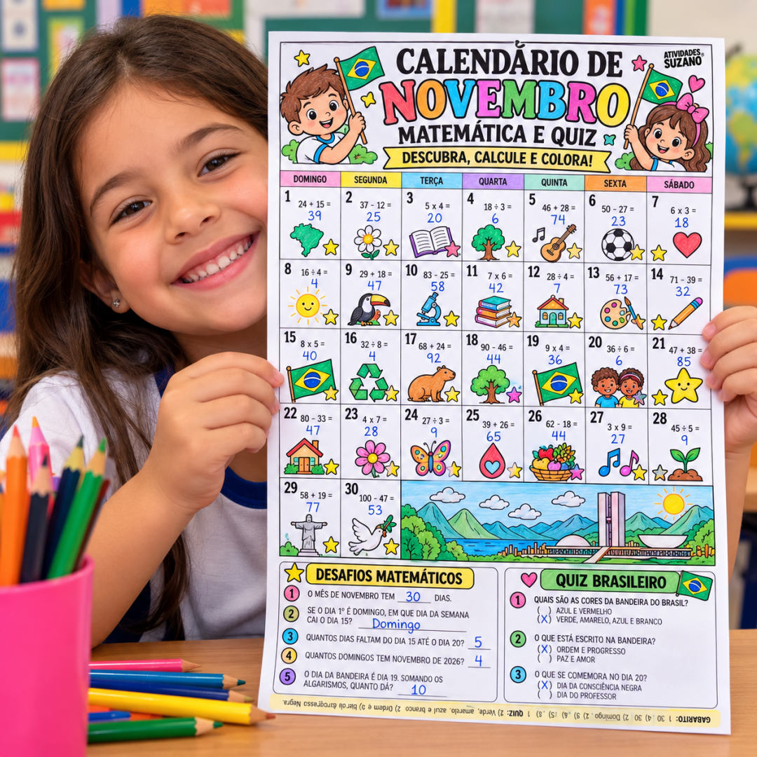 Calendário de Novembro 2026 para Imprimir – Kit PDF Infantil