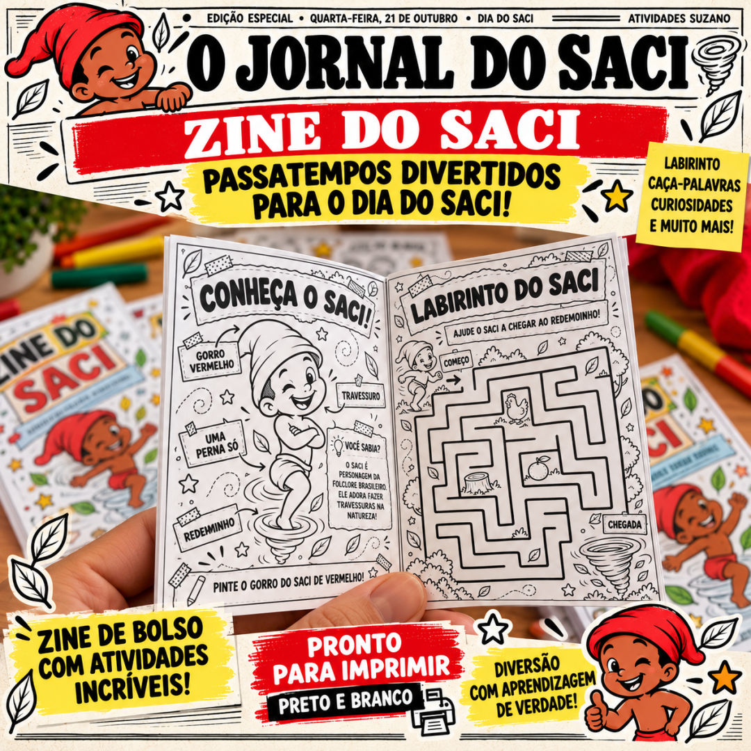 Capa do kit de atividades do Dia do Saci com jornal e zine em PDF