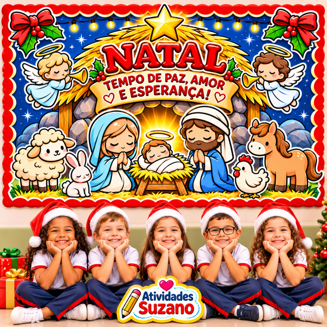 Painel de Natal para escola com presépio infantil, anjos e frase de paz, amor e esperança