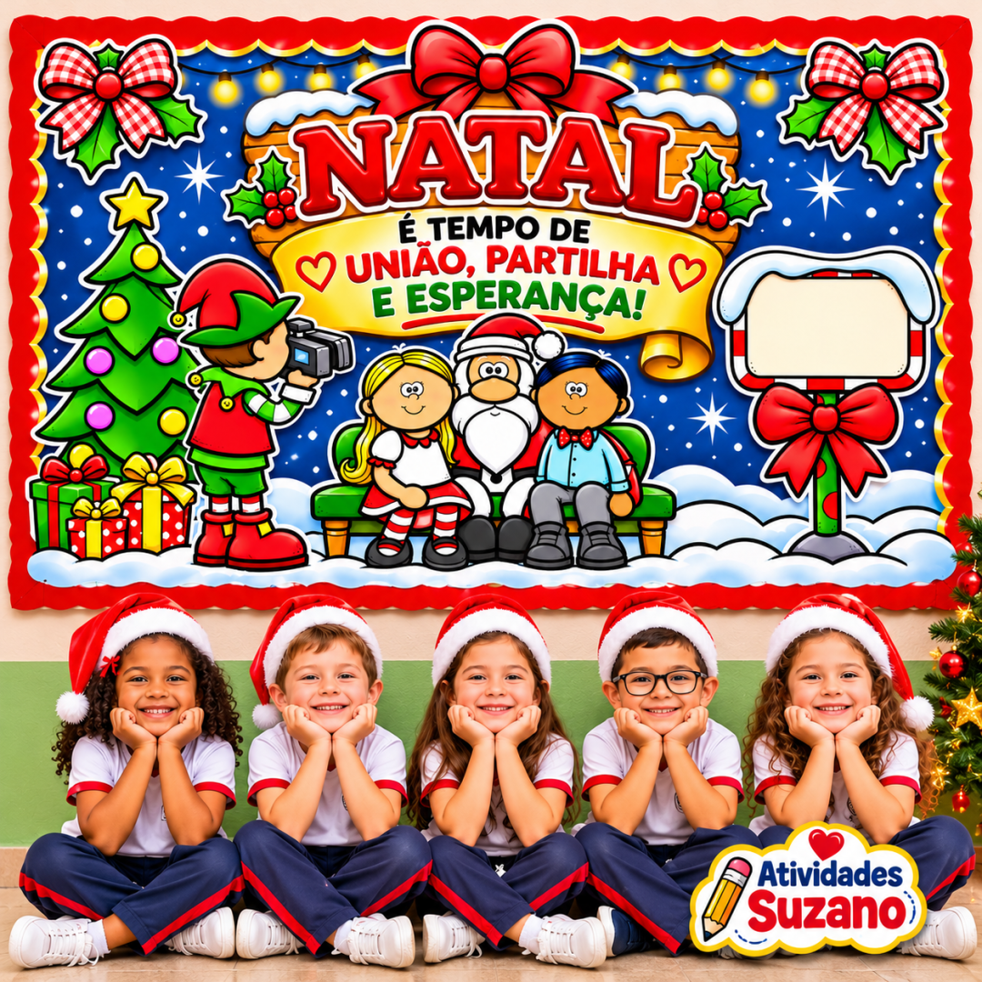 Painel de Natal para escola com Papai Noel, crianças, duende fotógrafo e mensagem de união, partilha e esperança.