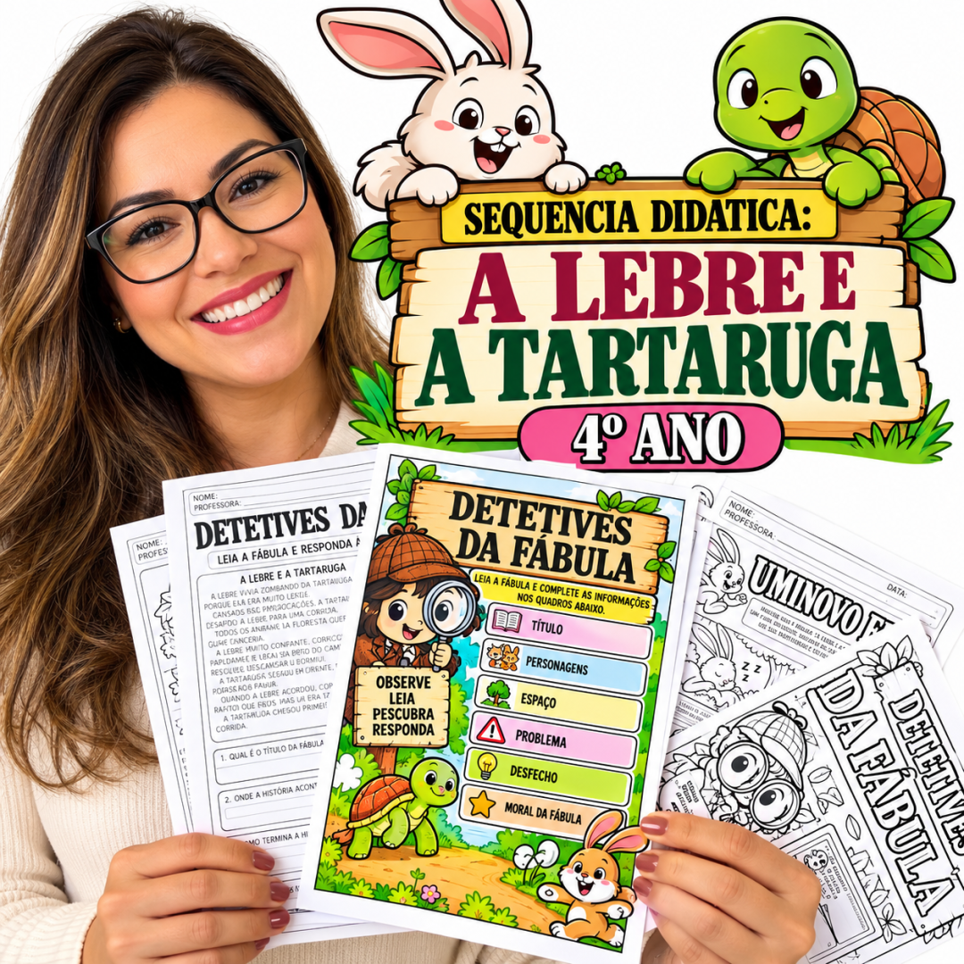 Capa do material Atividades Fábula A Lebre e a Tartaruga para 4º e 5º ano em PDF