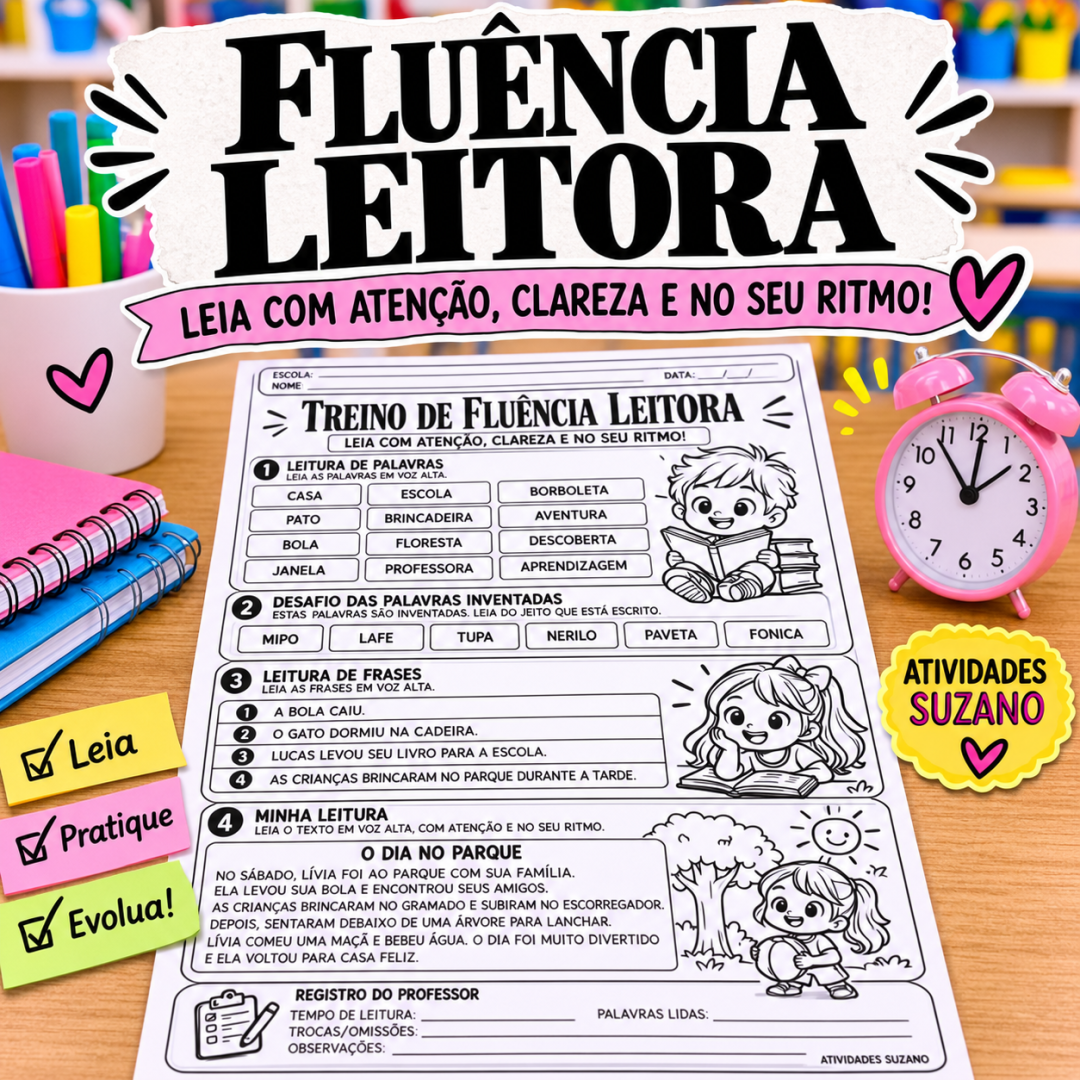 Treino de Fluência Leitora - Leitura de Palavras, Frases e Textos com Registro do Professor - 8 Atividades em PDF